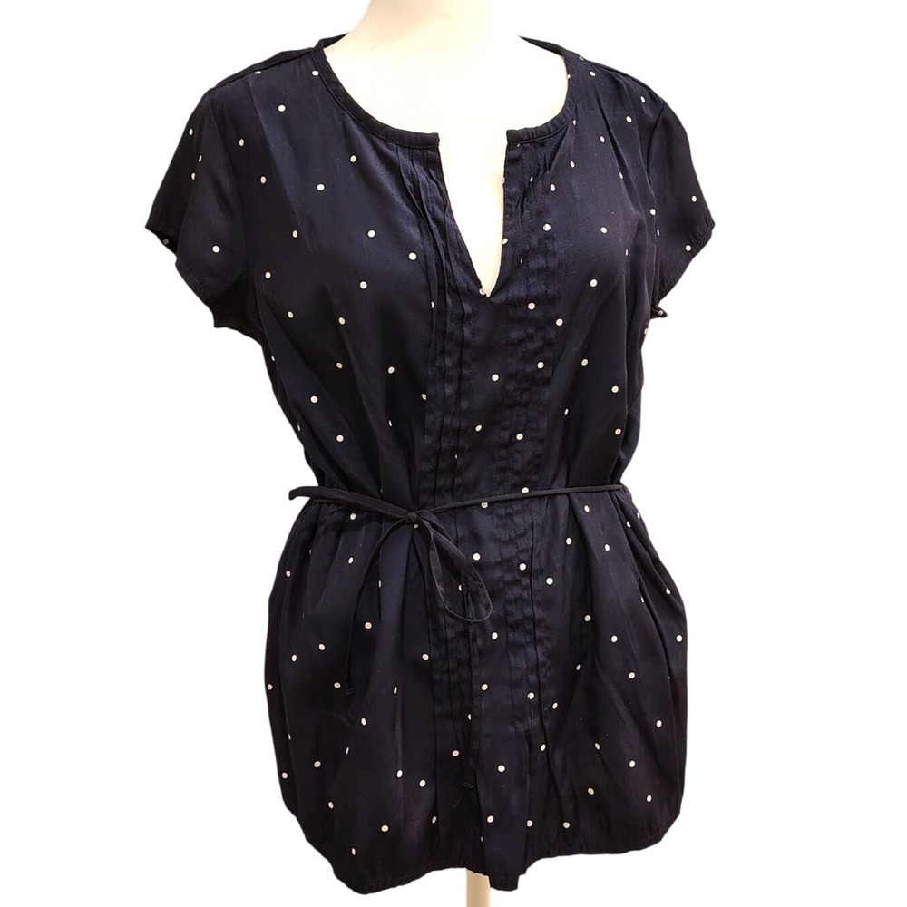 Tommy Hilfiger Blouse Navy White Polka Dots Size Medium American Preppy Classic‎
